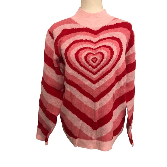 Pink and Red Retro Mock Neck Heart Sweater - Picture 3 of 3